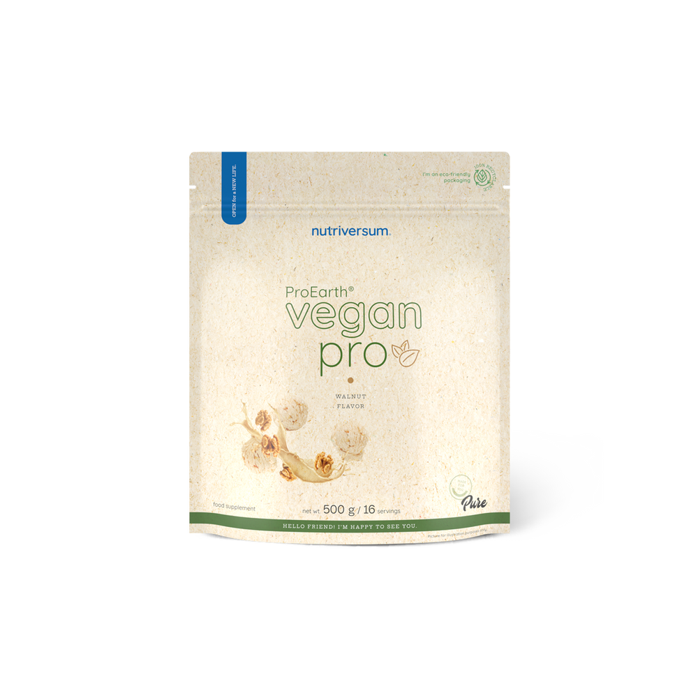 Nutriversum Vegan Pro ProEarth® vegán fehérjepor, dió változat, 500 g, elülső csomagolás